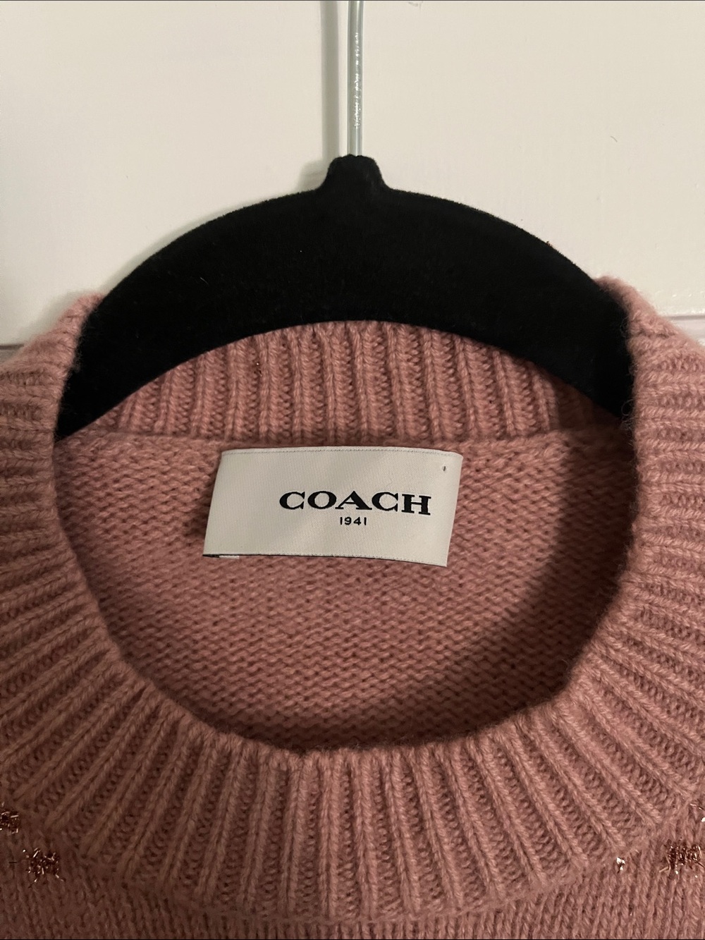 Coach Blush Pink Crewneck Sweater with burgsndy Star and sparkle stitching - Picture 2 of 7